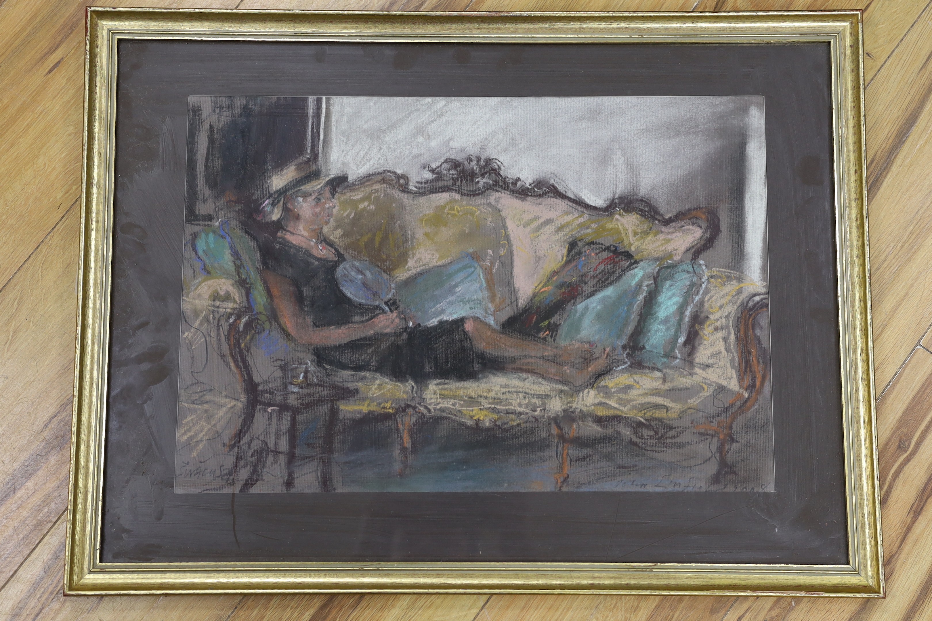 John Linfield (b.1930), pastel, Woman reclining upon a settee, signed and dated 2008, 33 x 48cm